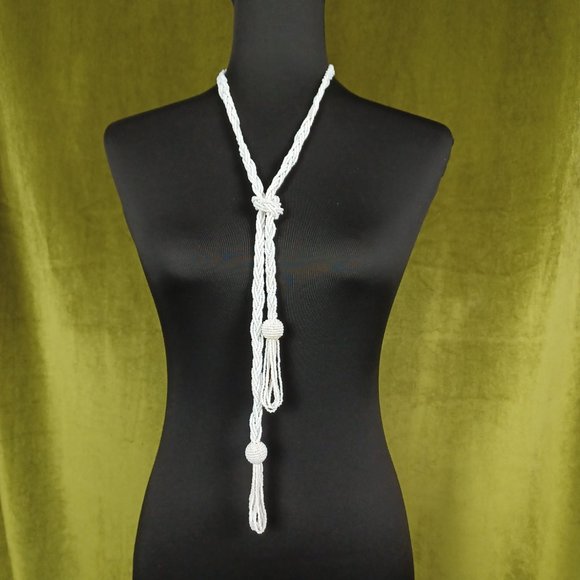 S O L D * Vintage Boho Braided Seed Bead Lariat Necklace, 46” - Picture 3 of 8